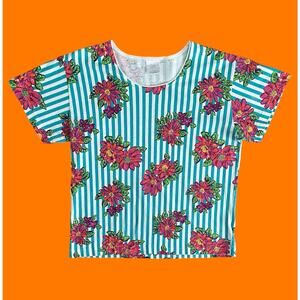 90's vintage striped daisy sunflower floral print boxy cotton shirt MEDIUM